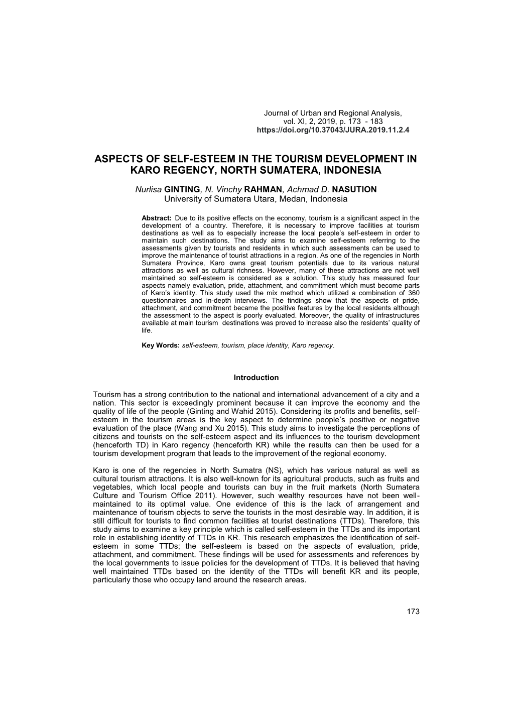 Aspects of Self-Esteem in the Tourism Development in Karo Regency, North Sumatera, Indonesia