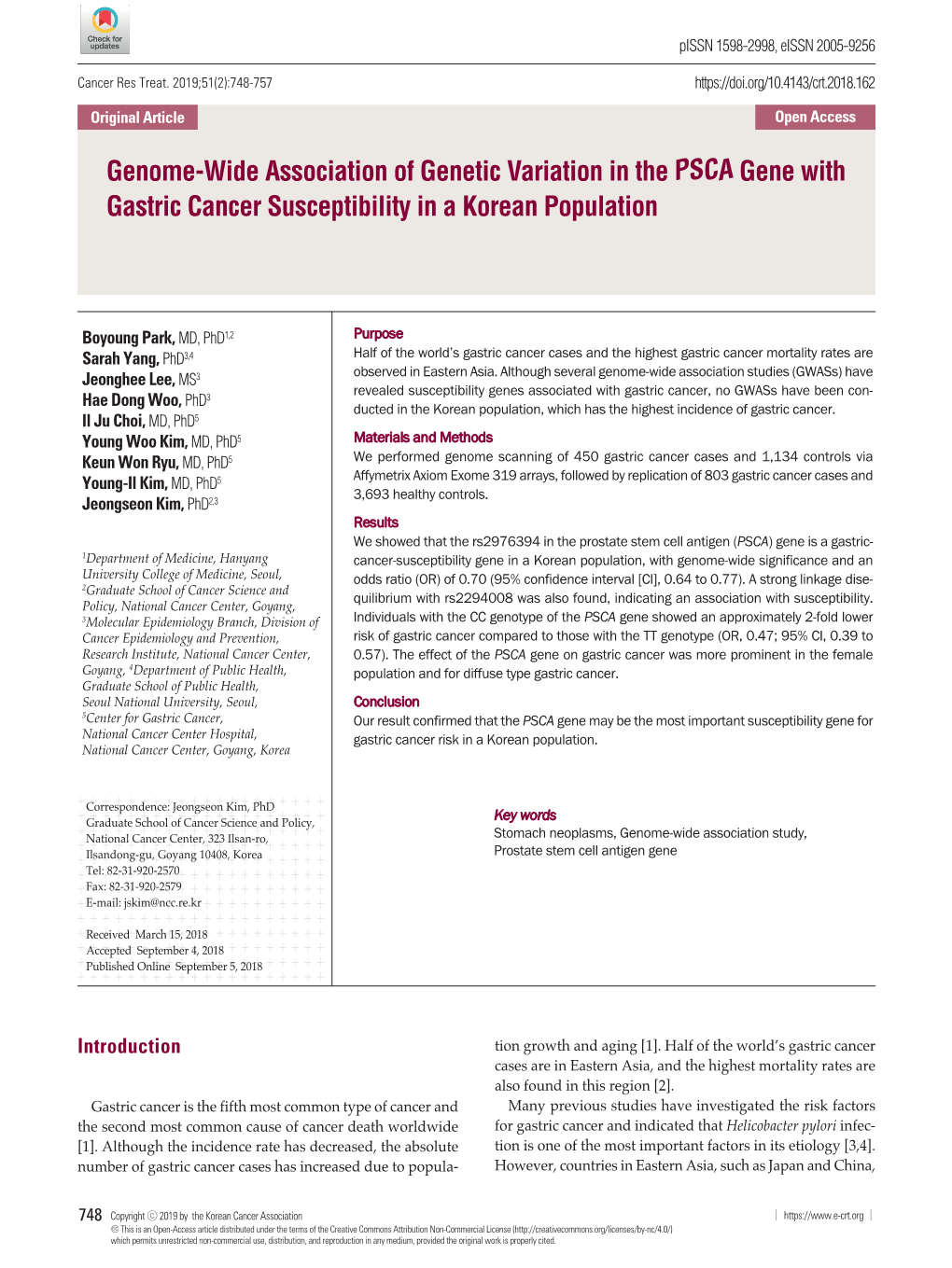 Genome-Wide Association of Genetic Variation in the PSCA Gene with Gastric Cancer Susceptibility in a Korean Population