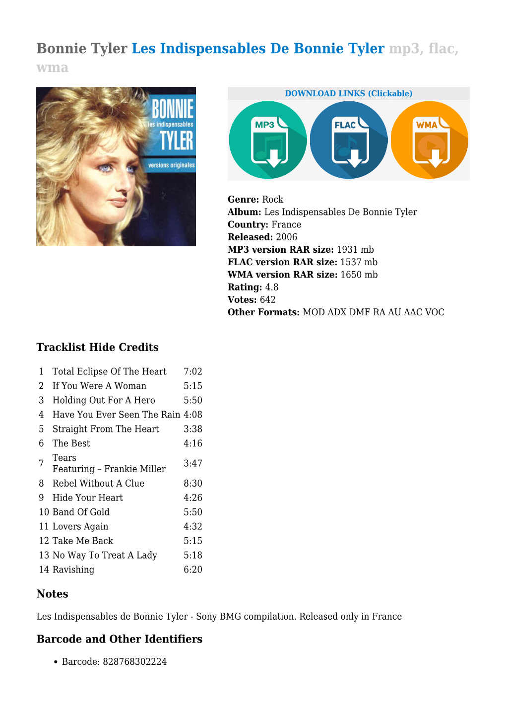 Les Indispensables De Bonnie Tyler Mp3, Flac, Wma