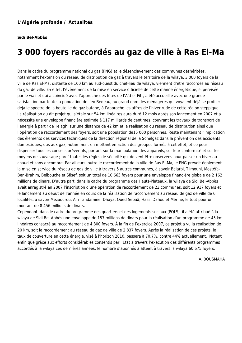 3 000 Foyers Raccordés Au Gaz De Ville À Ras El-Ma