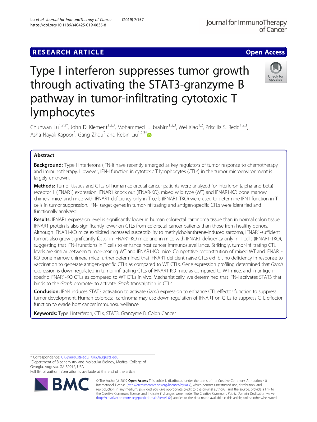 Type I Interferon Suppresses Tumor Growth Through Activating the STAT3-Granzyme B Pathway in Tumor-Infiltrating Cytotoxic T Lymphocytes Chunwan Lu1,2,3*, John D