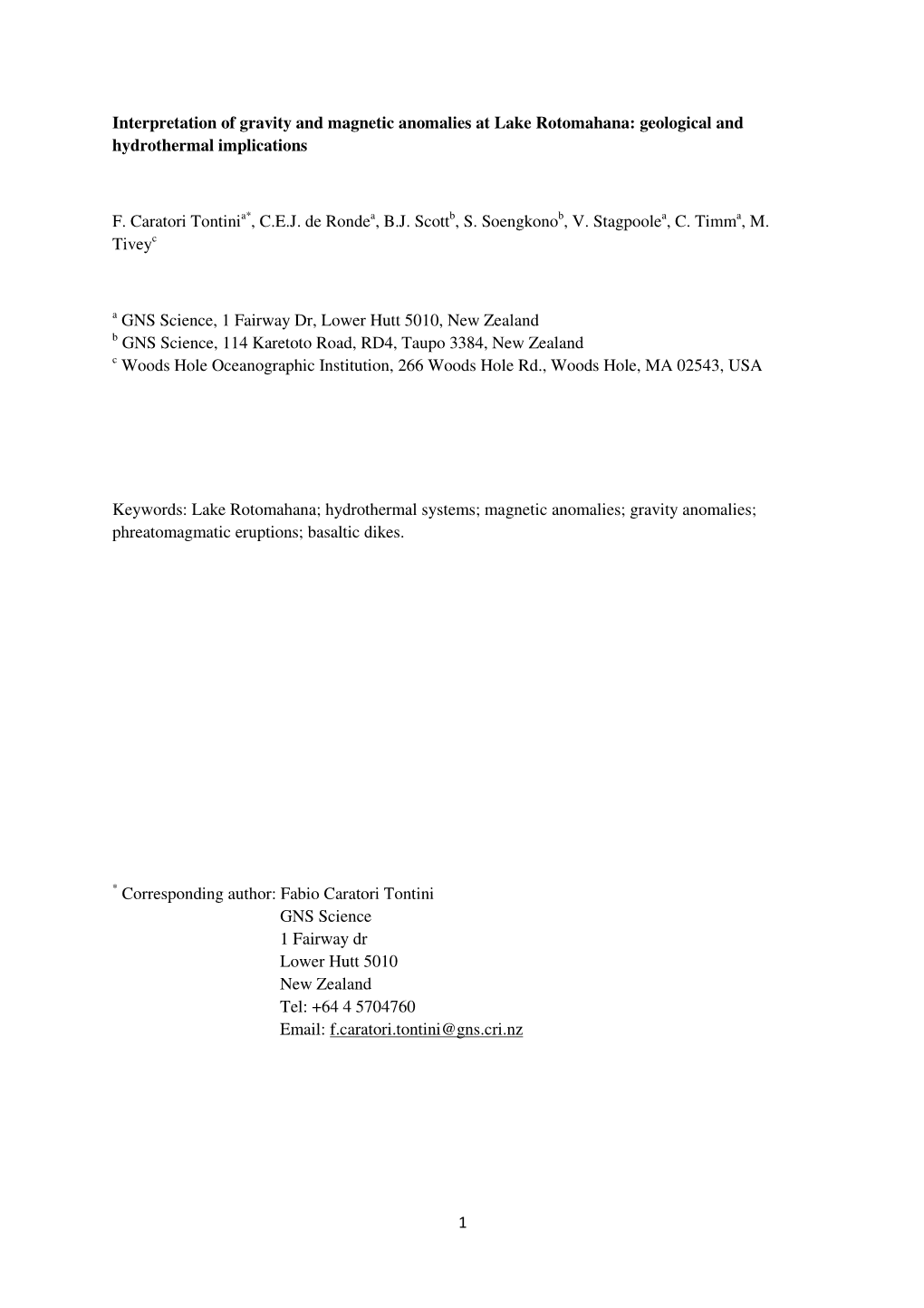 1 Interpretation of Gravity and Magnetic Anomalies at Lake