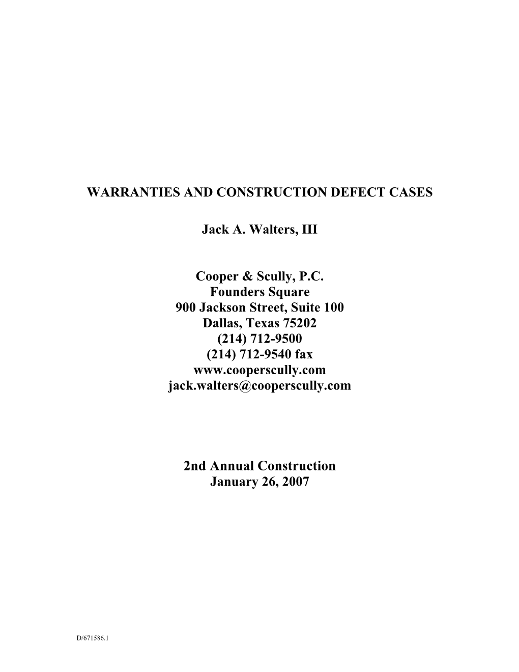 Warranties and Construction Defect Cases