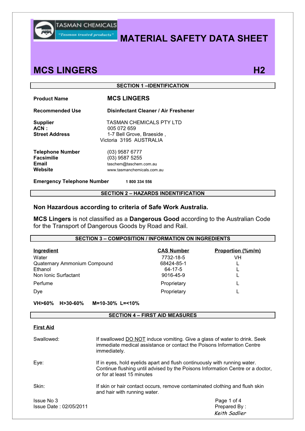 Material Safety Data Sheet s32