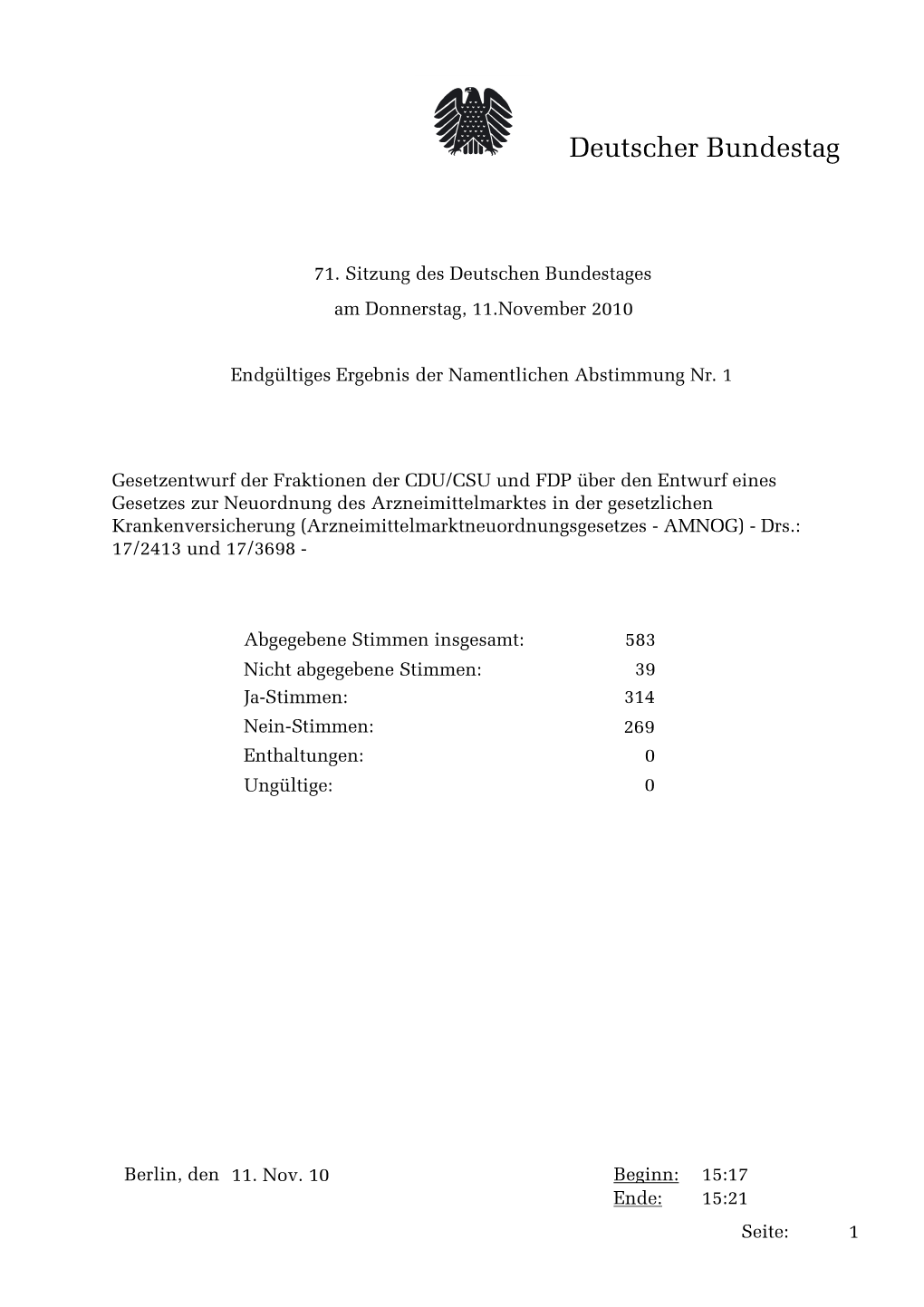 11.11.2010: Arzneimittelmarktneuordnungsgesetz