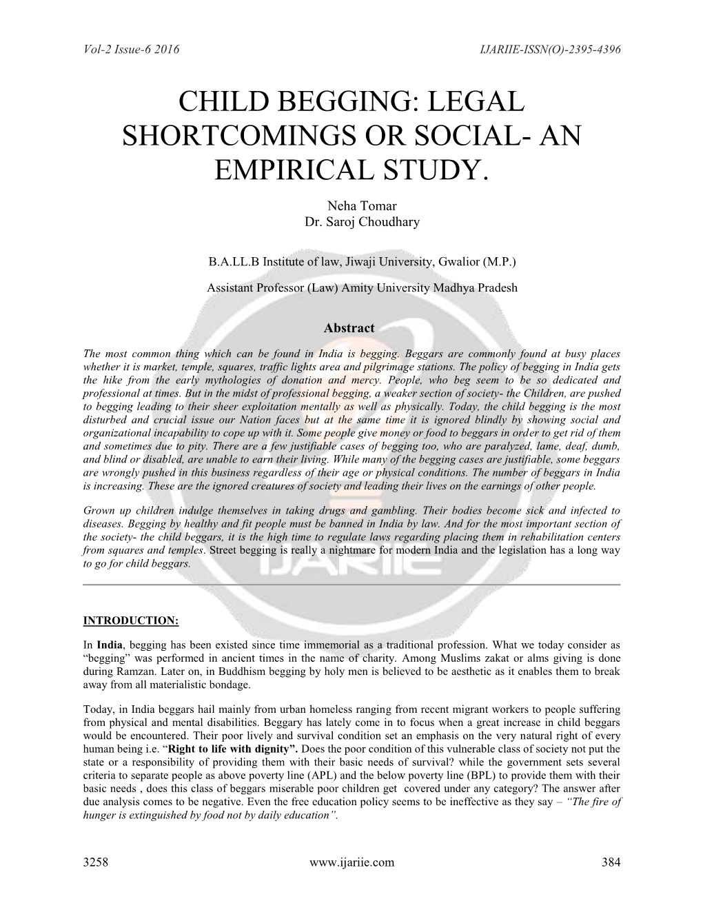 Child Begging: Legal Shortcomings Or Social- an Empirical Study