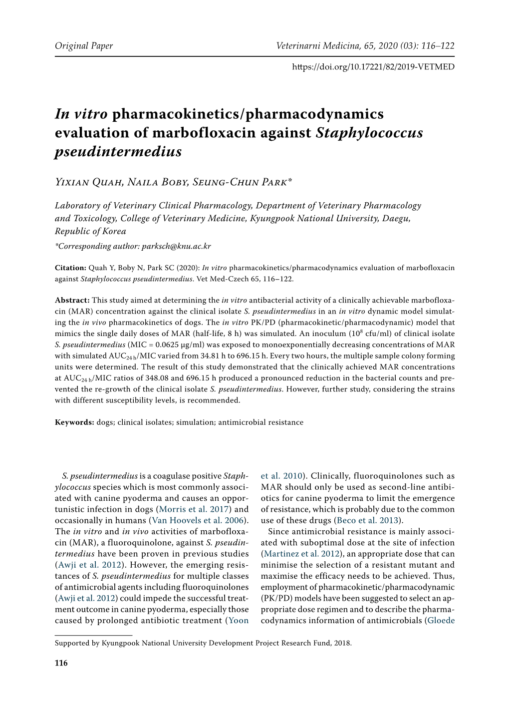 In Vitro Pharmacokinetics/Pharmacodynamics Evaluation of Marbofloxacin Against Staphylococcus Pseudintermedius