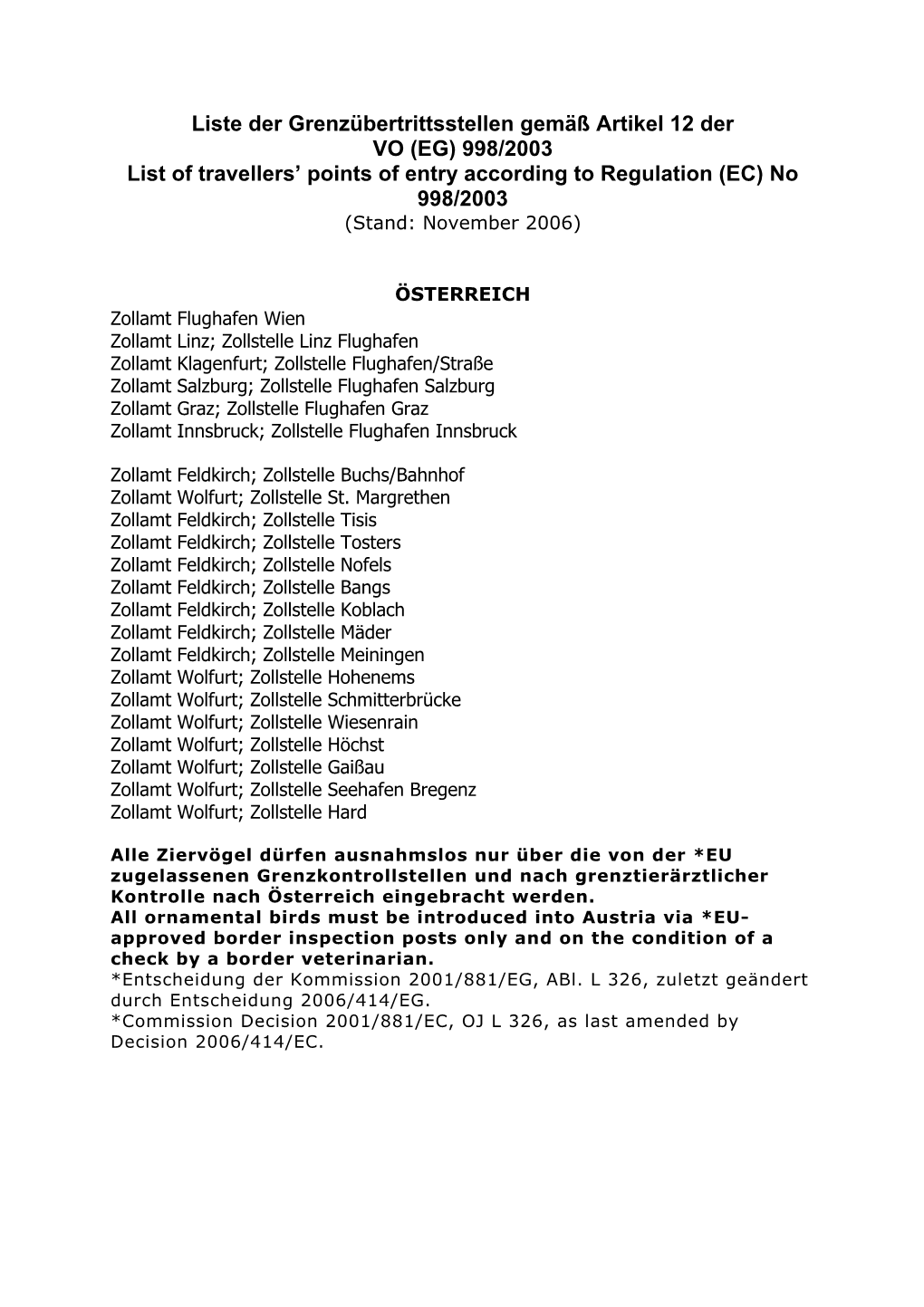 998/2003 List of Travellers' Points of Entry According to Re