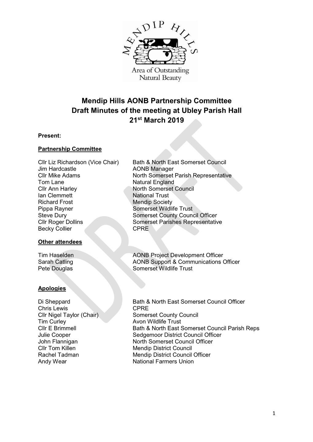 Mendip Hills AONB Partnership Committee Draft Minutes of the Meeting at Ubley Parish Hall 21St March 2019