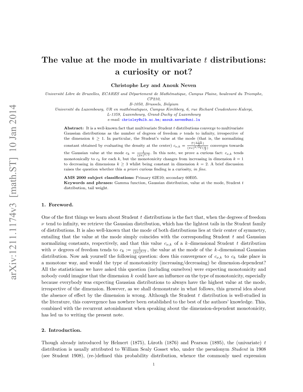 The Value at the Mode in Multivariate T Distributions: a Curiosity Or Not?