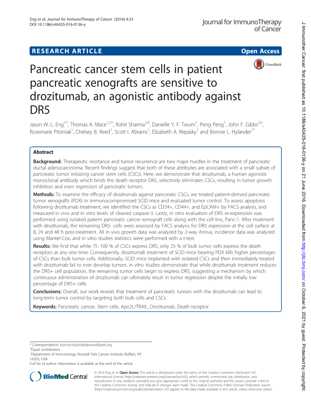 Pancreatic Cancer Stem Cells in Patient Pancreatic Xenografts Are Sensitive to Drozitumab, an Agonistic Antibody Against DR5 Jason W.-L