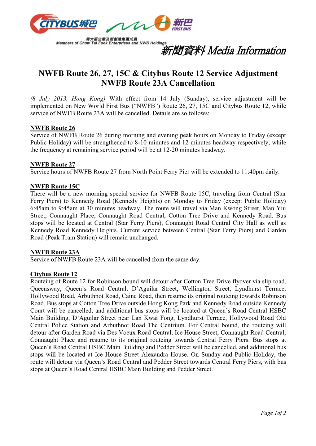 NWFB Route 26, 27, 15C & Citybus Route 12 Service Adjustment