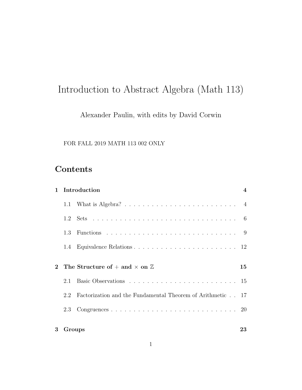 Introduction to Abstract Algebra (Math 113)