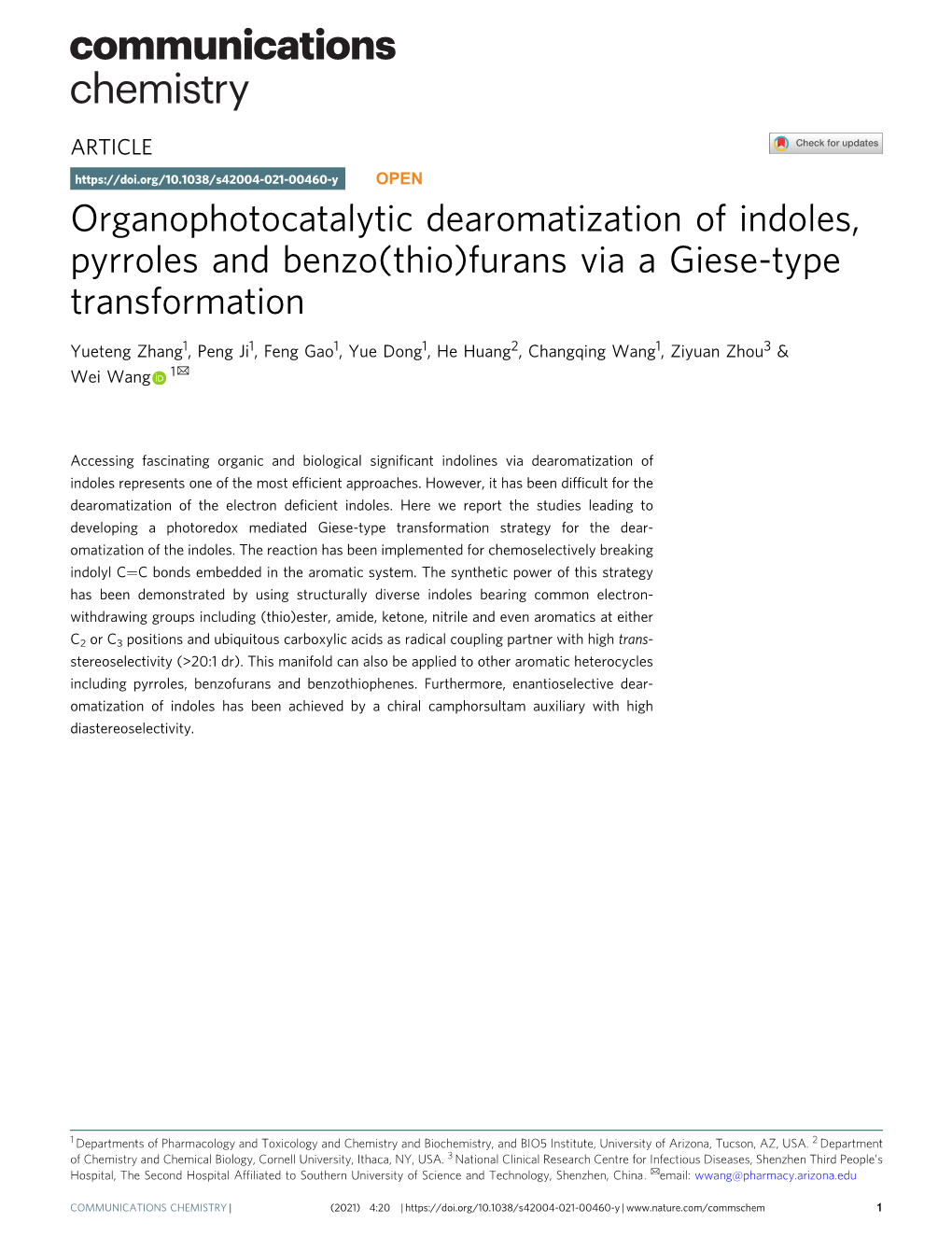 Organophotocatalytic Dearomatization of Indoles, Pyrroles and Benzo(Thio)Furans Via a Giese-Type Transformation