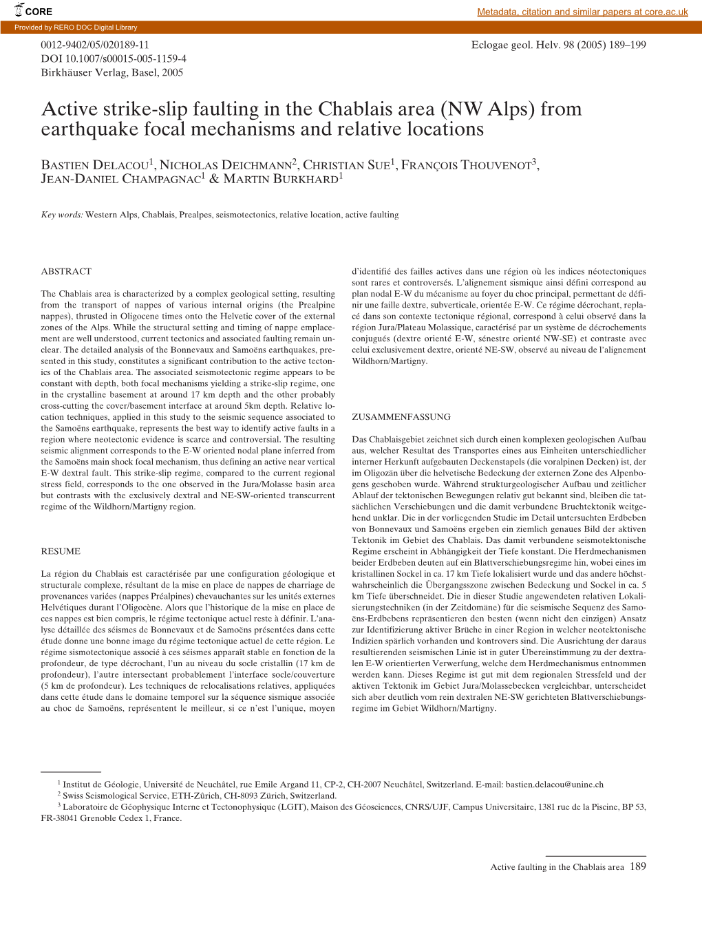 Active Strike-Slip Faulting in the Chablais Area (NW Alps) from Earthquake Focal Mechanisms and Relative Locations