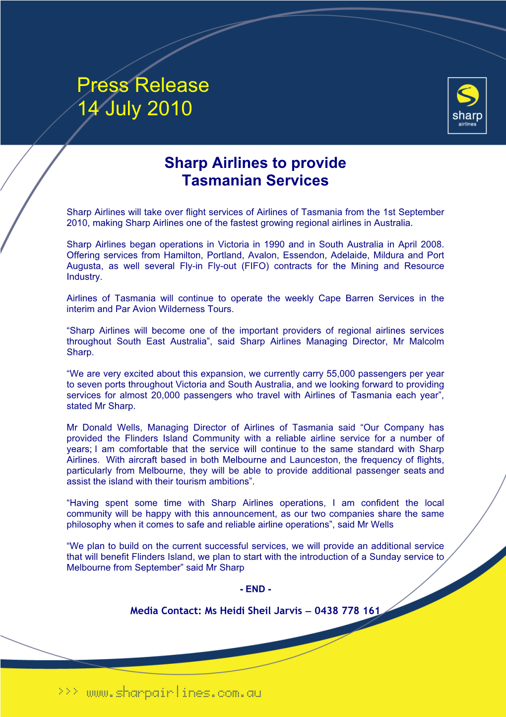 Sharp Airlines to Provide Tasmanian Services