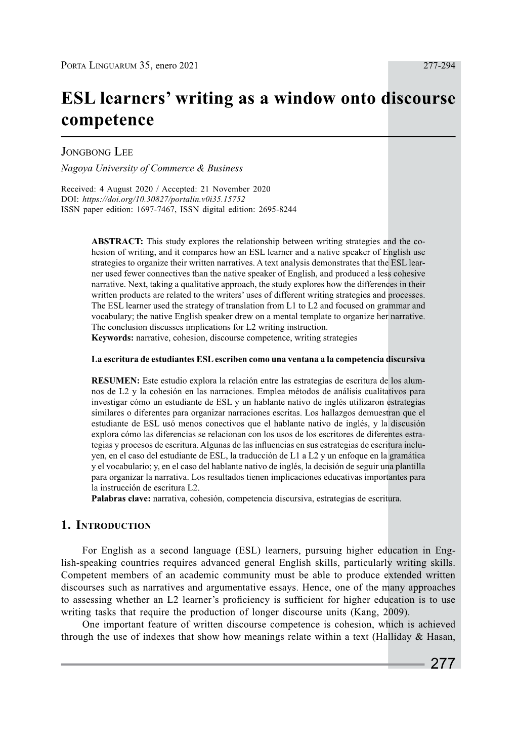 ESL Learners' Writing As a Window Onto Discourse Competence