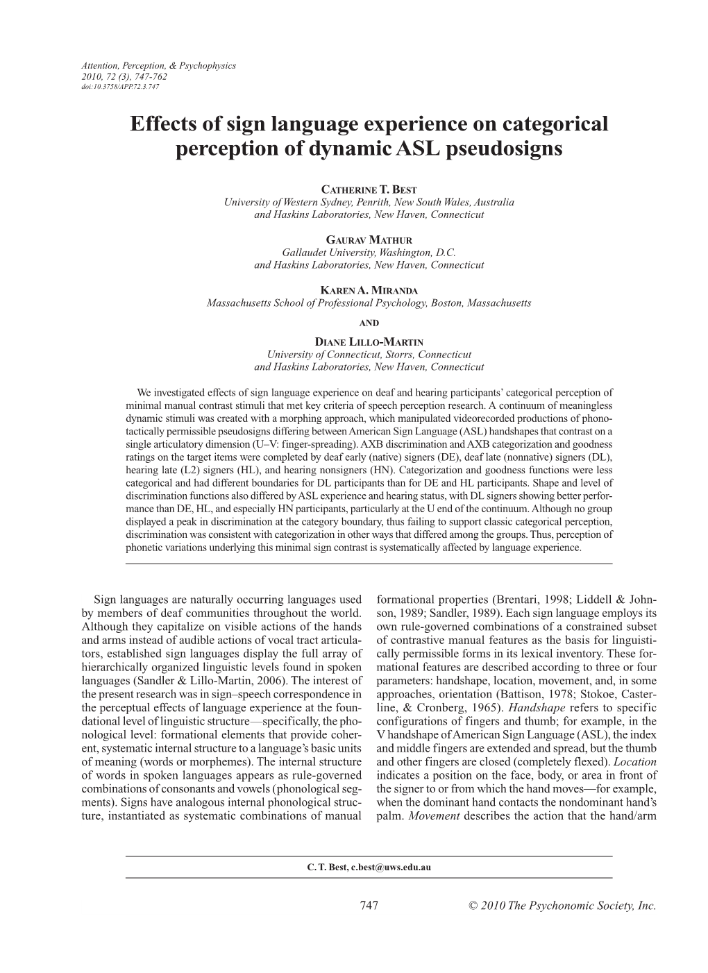 Effects of Sign Language Experience on Categorical Perception of Dynamic ASL Pseudosigns