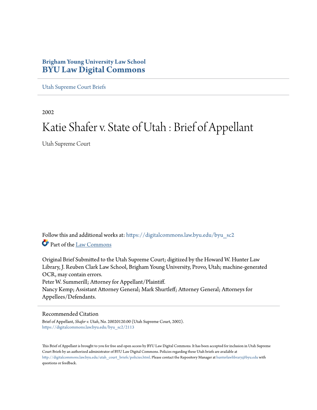 Katie Shafer V. State of Utah : Brief of Appellant Utah Supreme Court