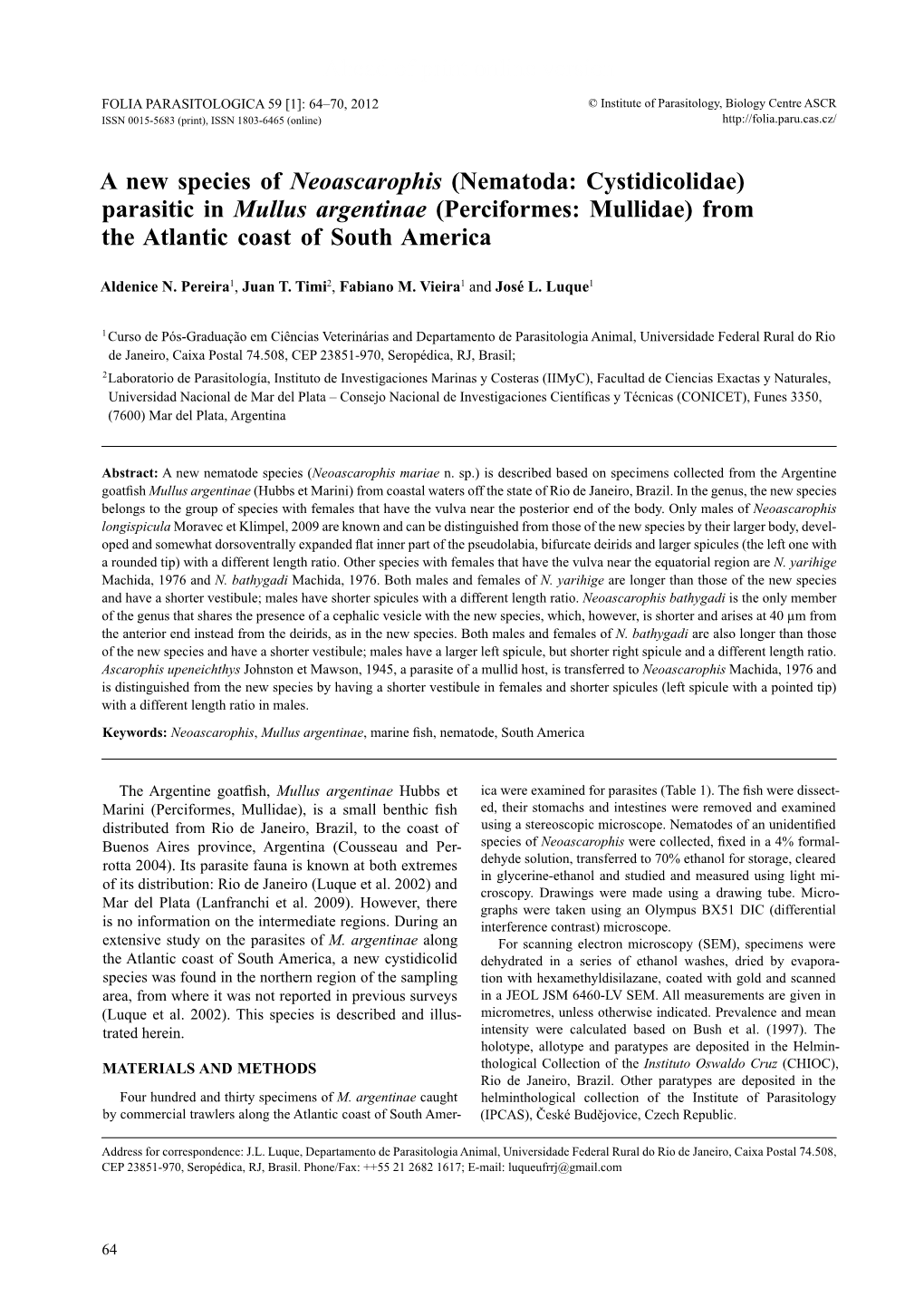 Parasitic in Mullus Argentinae (Perciformes: Mullidae) from the Atlantic Coast of South America