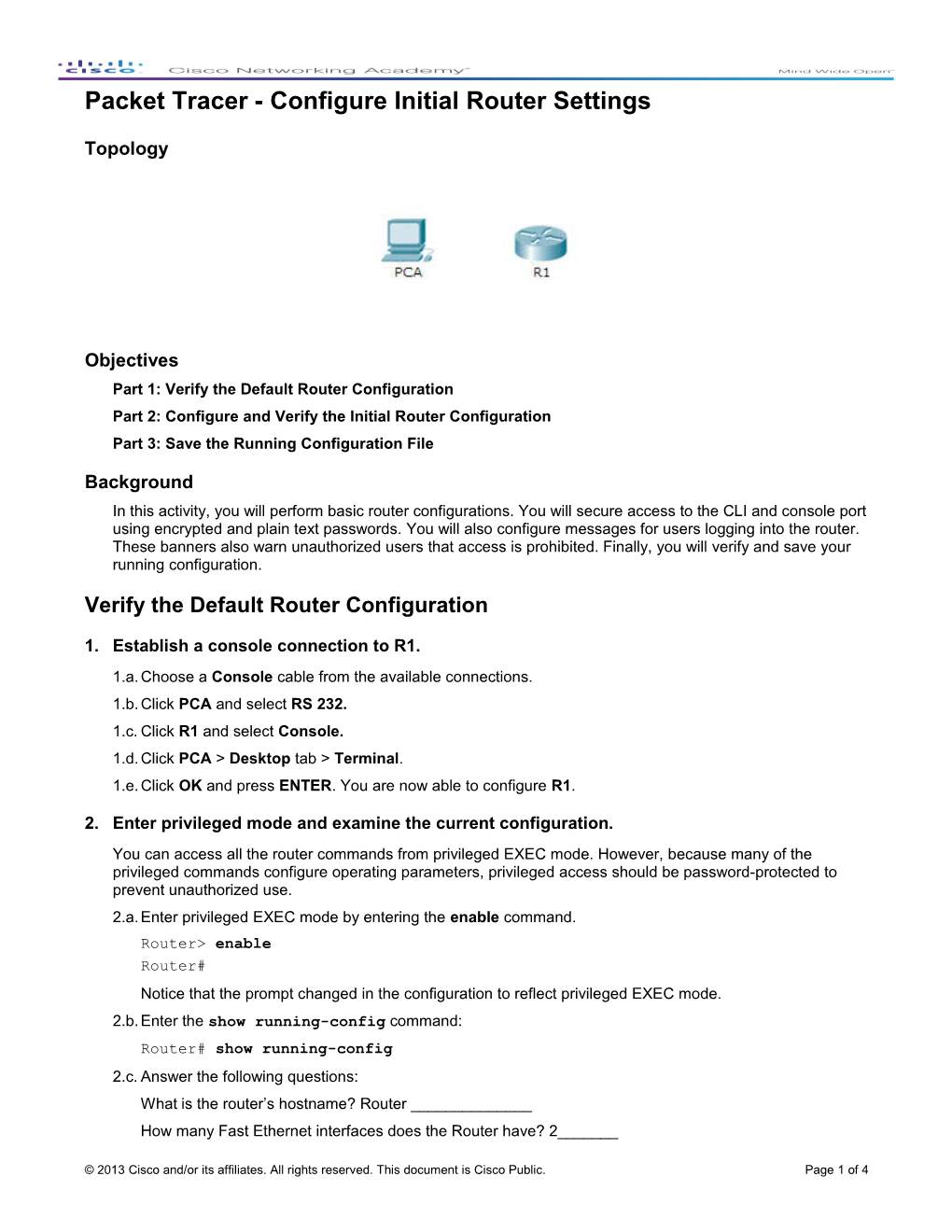 Packet Tracer - Configure Initial Router Settings