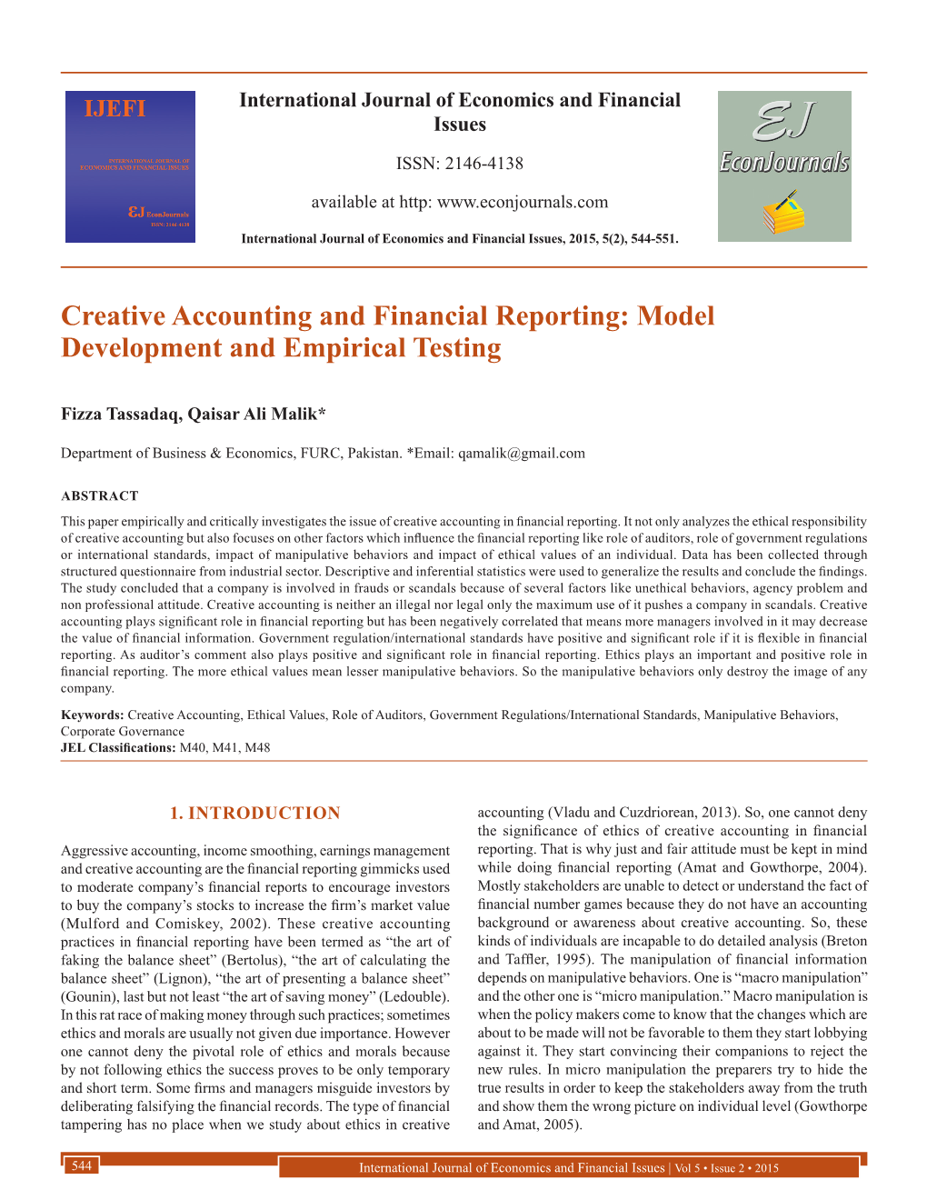 Creative Accounting and Financial Reporting: Model Development and Empirical Testing
