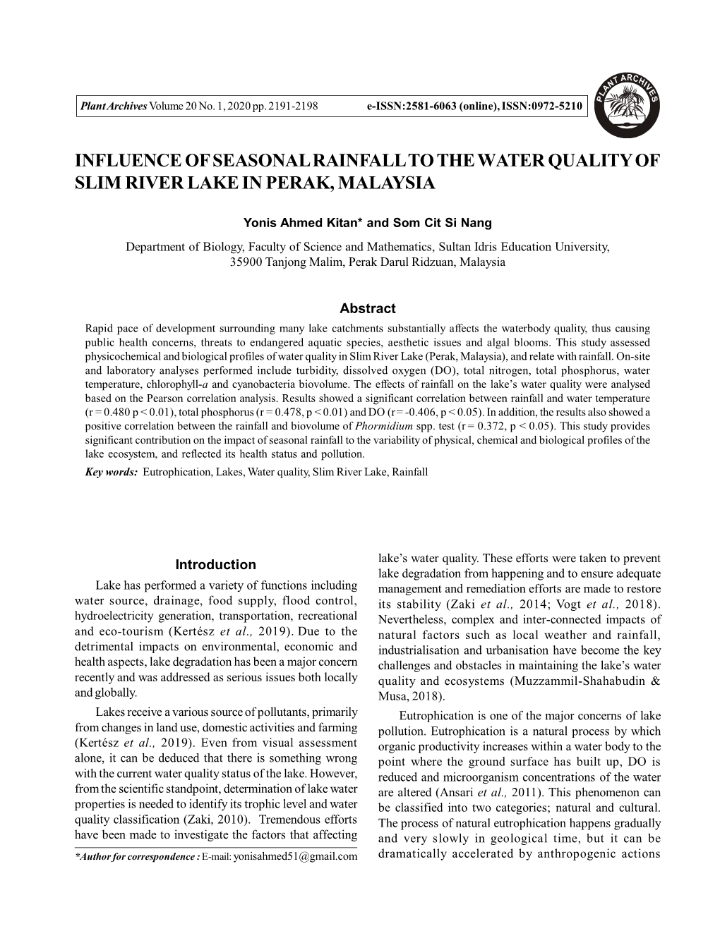 Influence of Seasonal Rainfall to the Water Quality of Slim River Lake in Perak, Malaysia