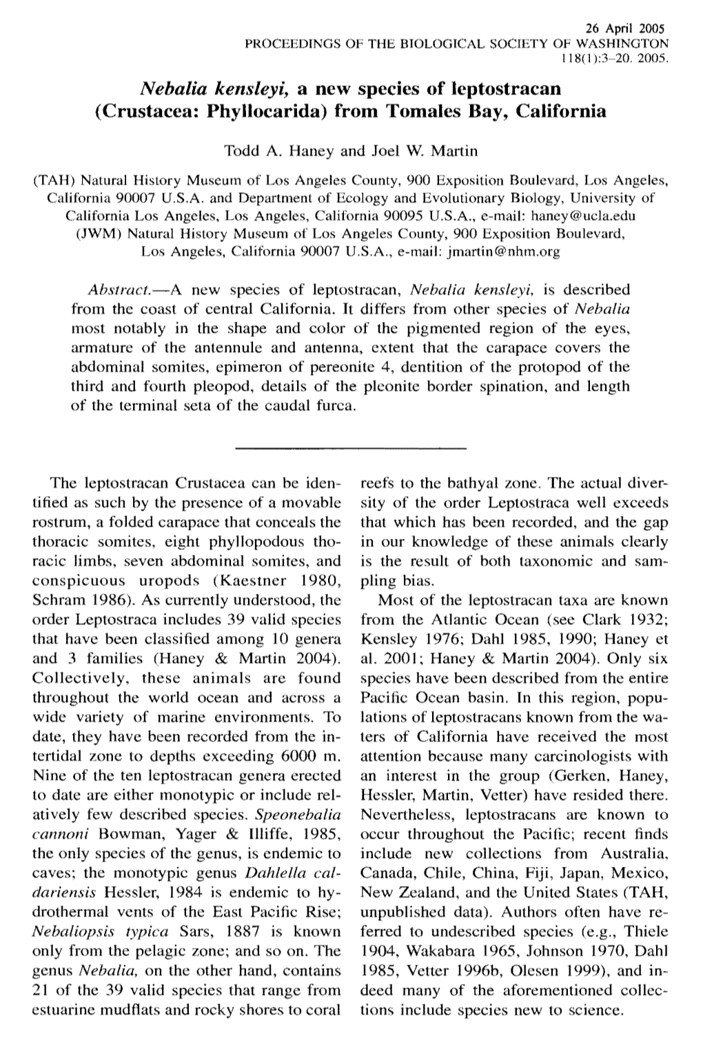 Nebalia Kensleyi, a New Species of Leptostracan (Crustacea: Phyllocarida) from Tomales Bay, California