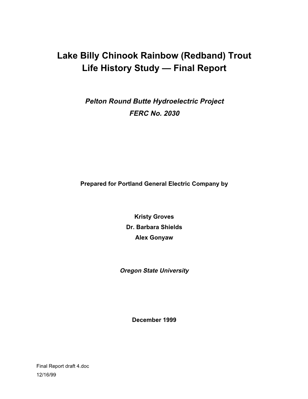 Lake Billy Chinook Rainbow (Redband) Trout Life History Study — Final Report