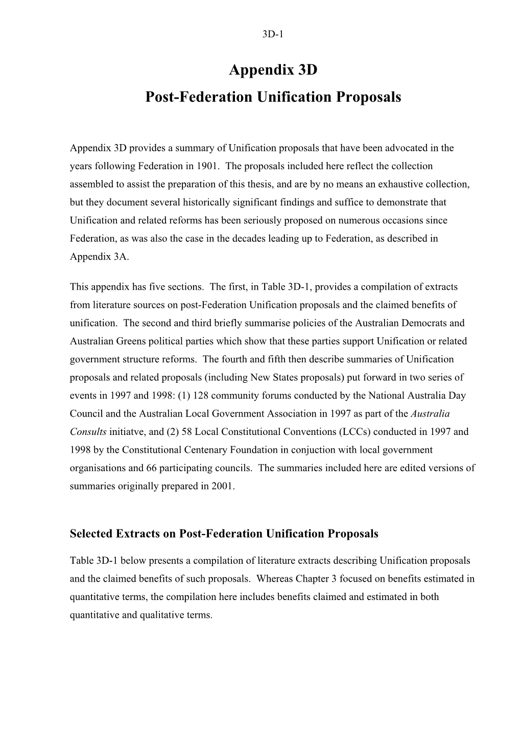 Appendix 3D Post-Federation Unification Proposals