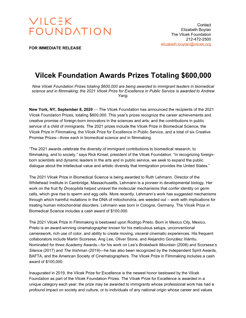 The Vilcek Foundation 2021 Prizes