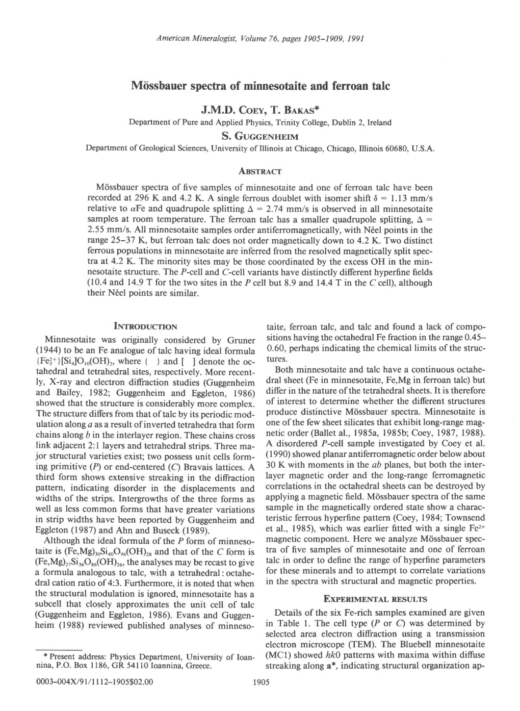 Miissbauer Spectra of Minnesotaite and Ferroan Talc J.M.D. Corv, T