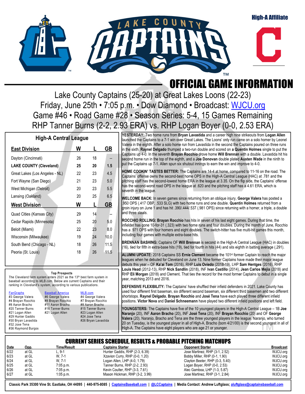 OFFICIAL GAME INFORMATION Lake County Captains (25-20) at Great Lakes Loons (22-23) Friday, June 25Th • 7:05 P.M