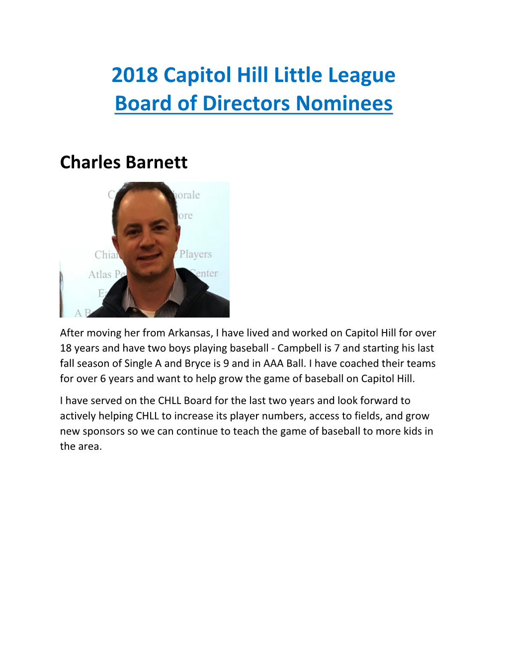 2018 Capitol Hill Little League Board of Directors Nominees