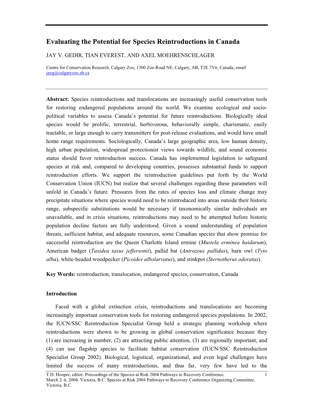 Evaluating the Potential for Species Reintroductions in Canada