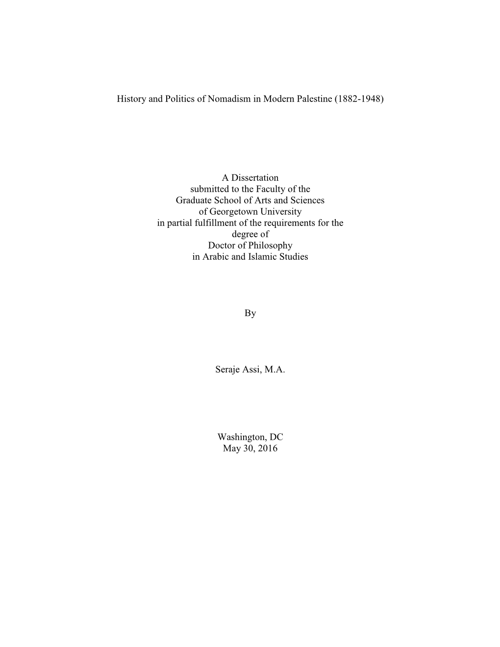 History and Politics of Nomadism in Modern Palestine (1882-1948)