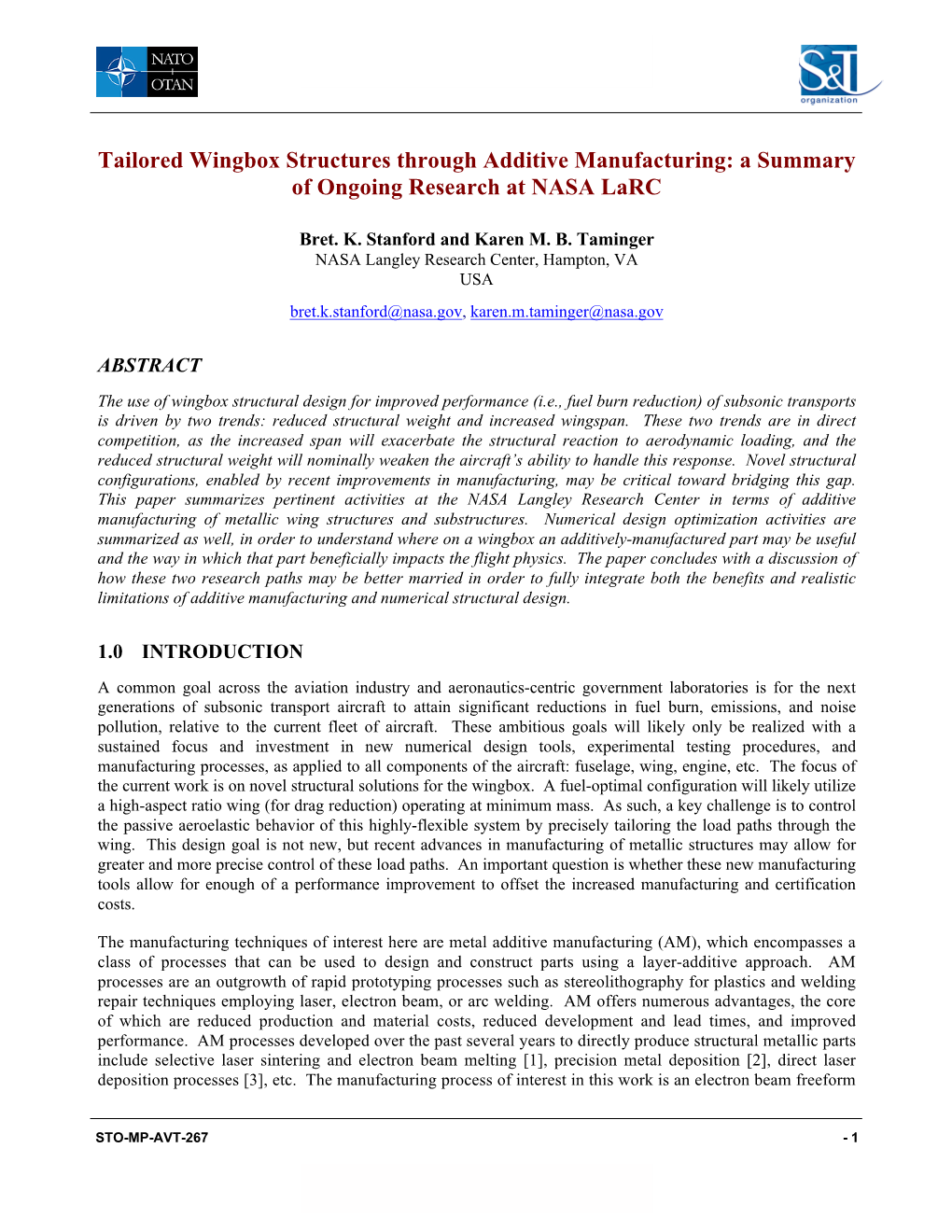 Tailored Wingbox Structures Through Additive Manufacturing: a Summary of Ongoing Research at NASA Larc