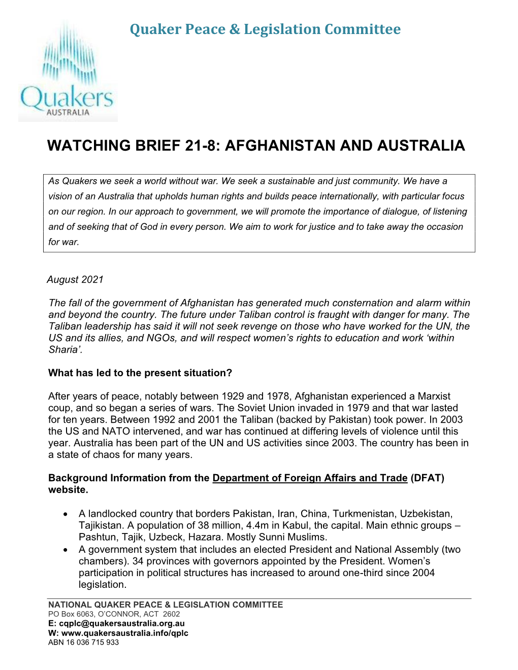 Quaker Peace & Legislation Committee WATCHING BRIEF 21-8