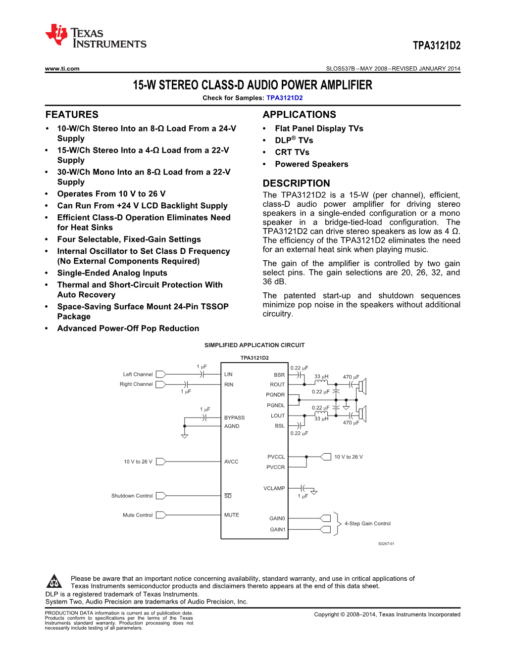 15W Stereo Class-D Audio Power Amplifier