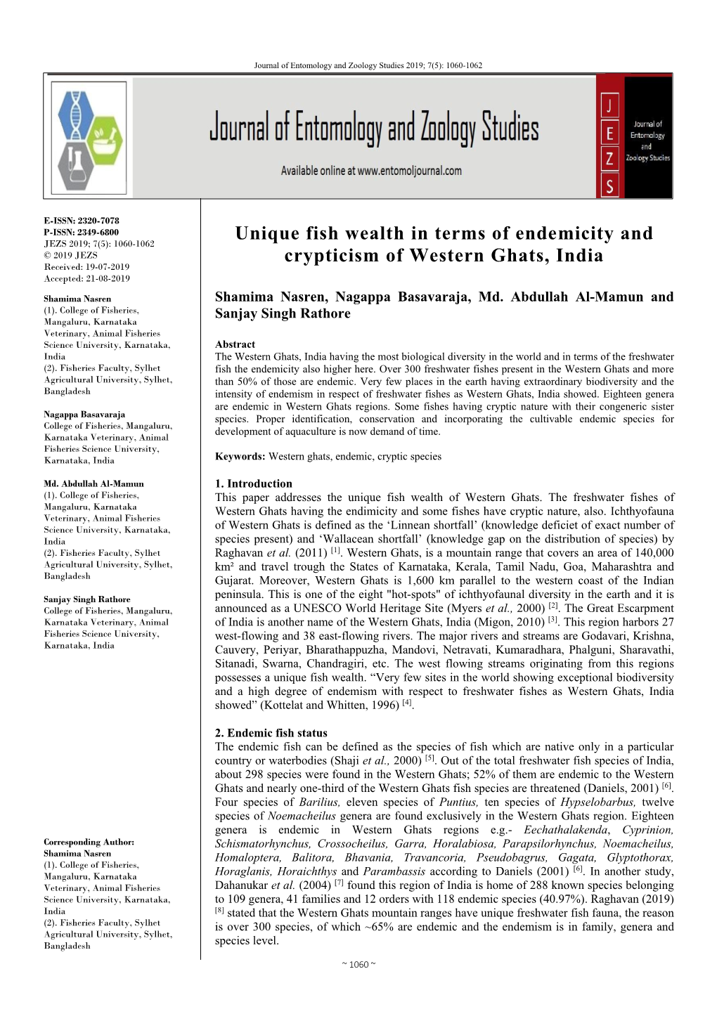 Unique Fish Wealth in Terms of Endemicity and Crypticism of Western Ghats, India