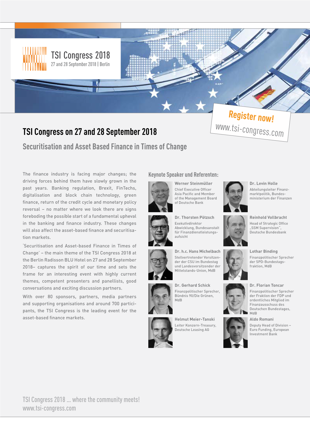 Register Now! TSI Congress on 27 and 28 September 2018 Securitisation and Asset Based Finance in Times of Change