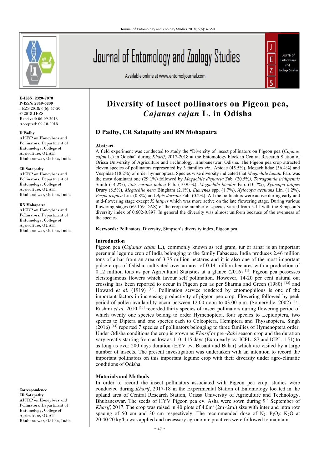 Diversity of Insect Pollinators on Pigeon Pea, Cajanus Cajan L. In