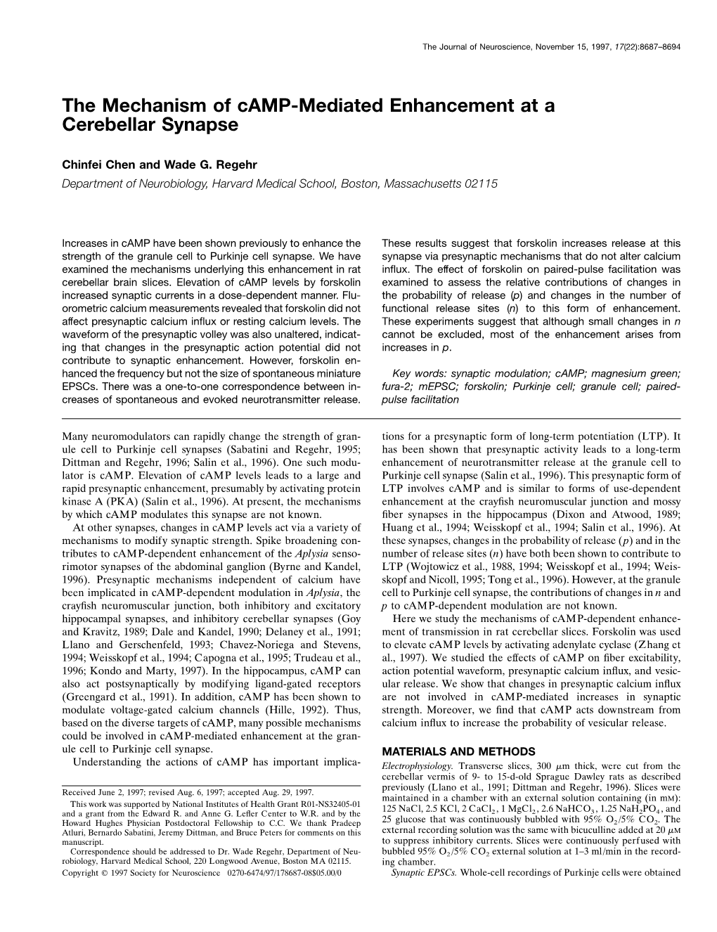 The Mechanism of Camp-Mediated Enhancement at a Cerebellar Synapse