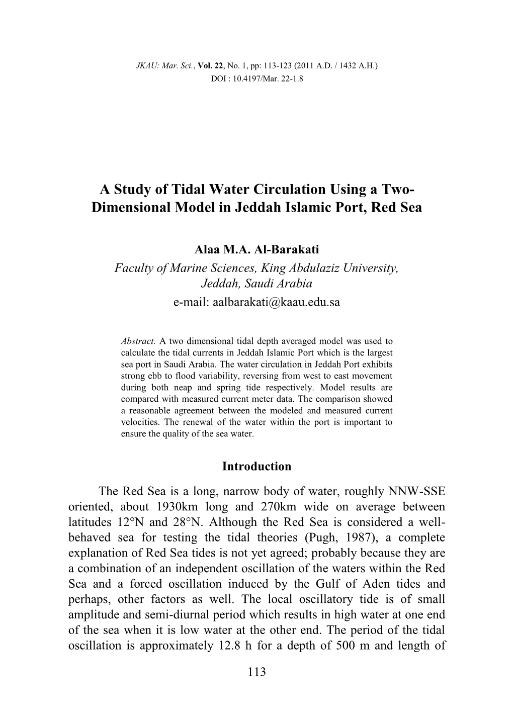 A Study of Tidal Water Circulation Using a Two-Dimensional Model in Jeddah Islamic Port, Red