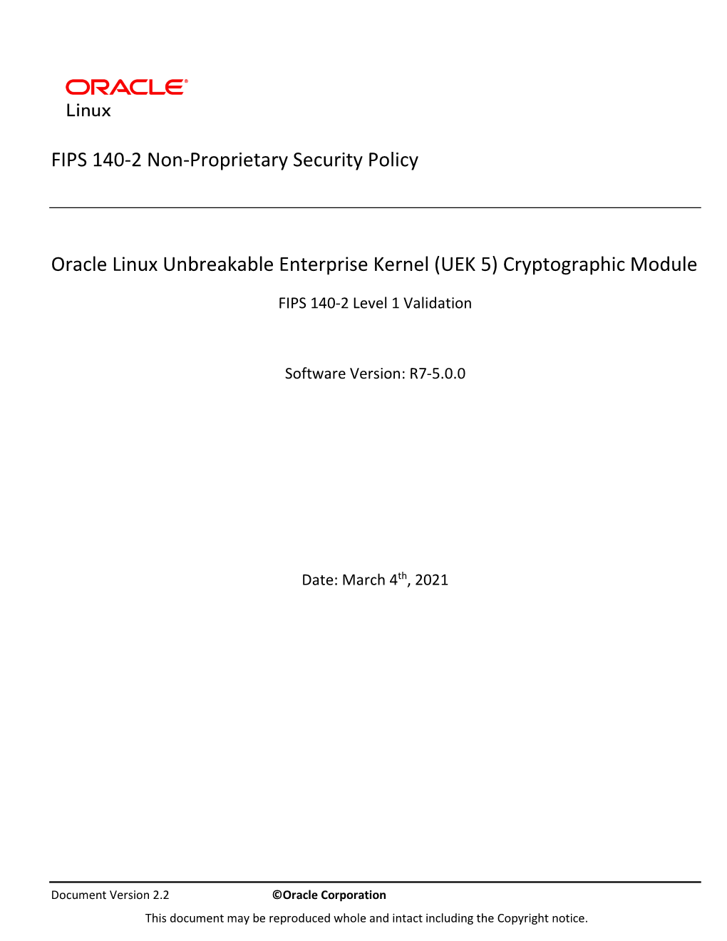 Oracle Linux Unbreakable Enterprise Kernel (UEK 5) Cryptographic Module