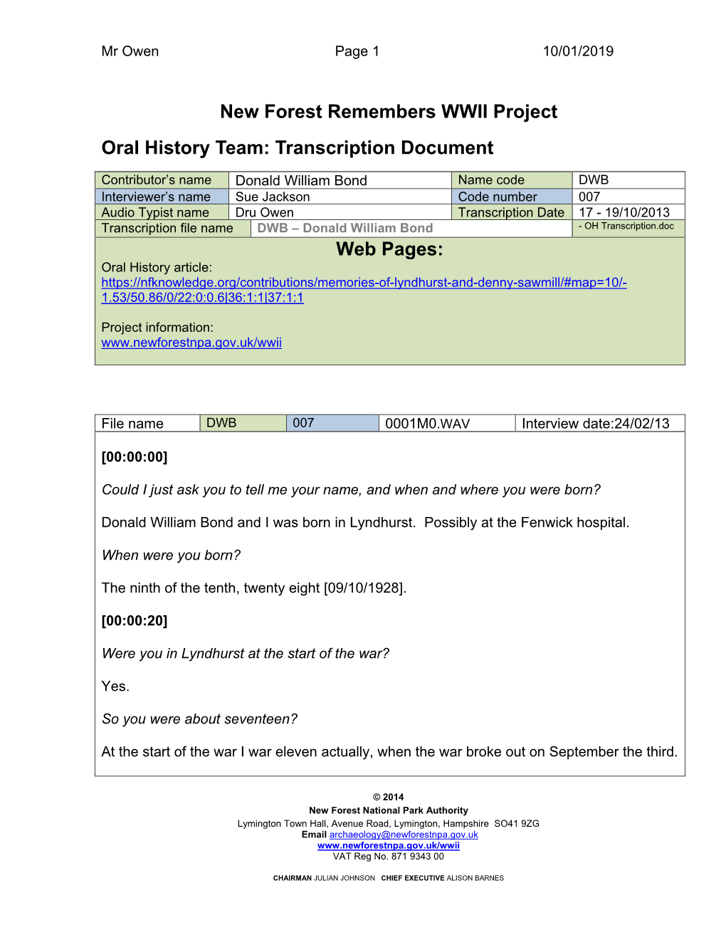 New Forest Remembers WWII Project Oral History Team: Transcription Document