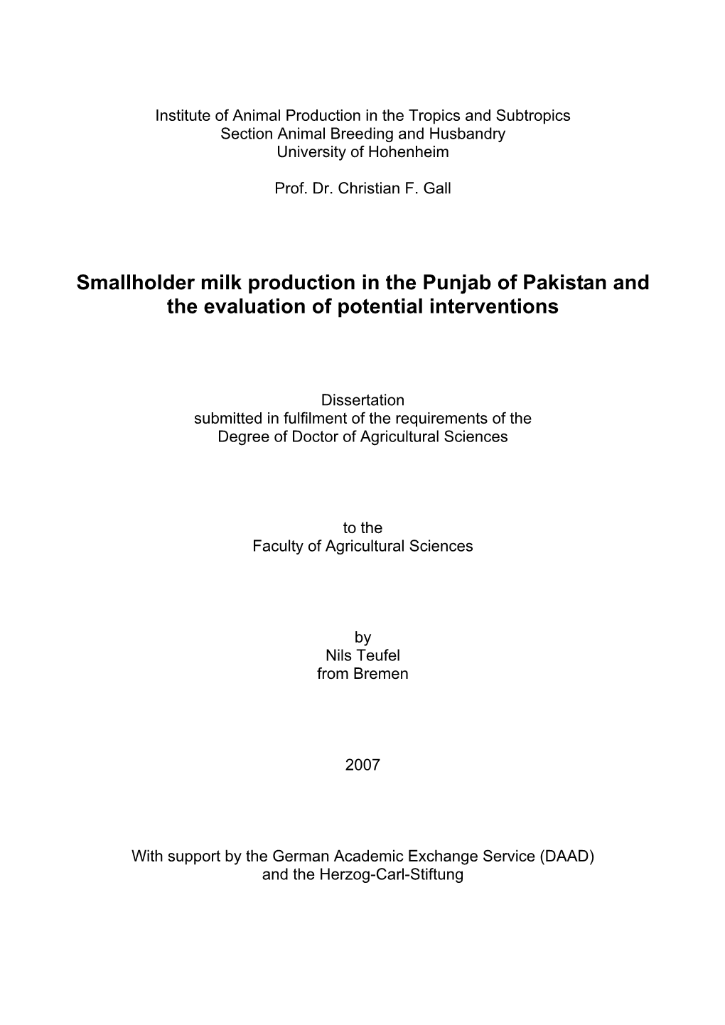 Smallholder Milk Production in the Punjab of Pakistan and the Evaluation of Potential Interventions