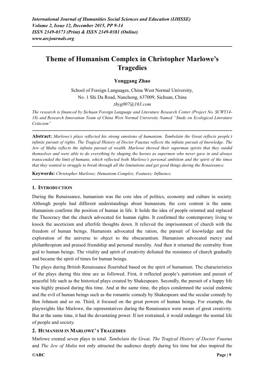 Theme of Humanism Complex in Christopher Marlowe's Tragedies