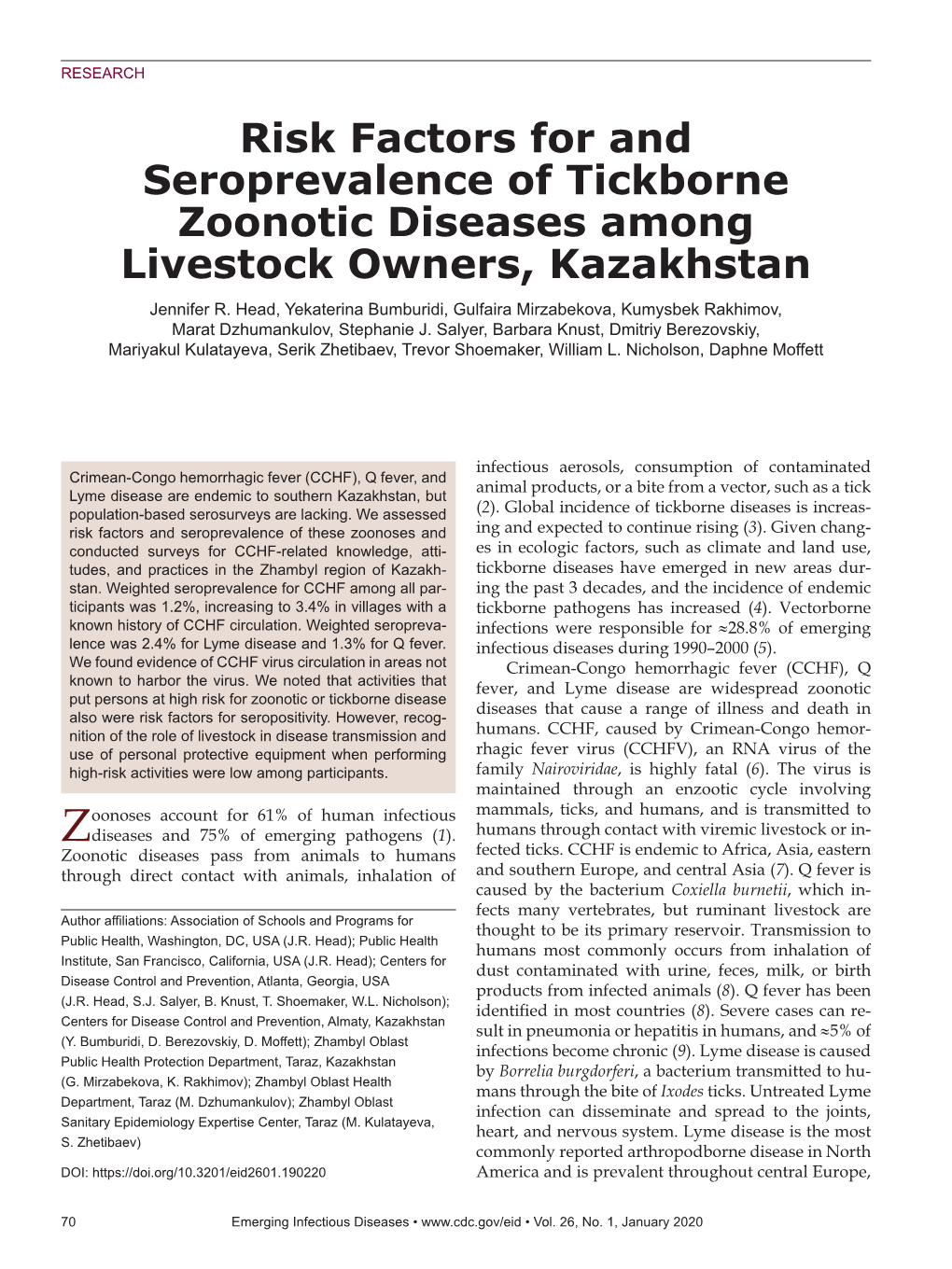 Risk Factors for and Seroprevalence of Tickborne Zoonotic Diseases Among Livestock Owners, Kazakhstan Jennifer R