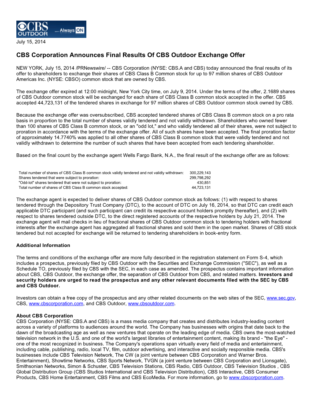 CBS Corporation Announces Final Results of CBS Outdoor Exchange Offer